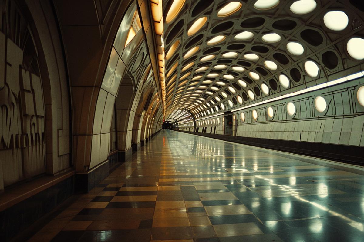 Futuristic metro station in the style of the USSR, filmed on Polaroid