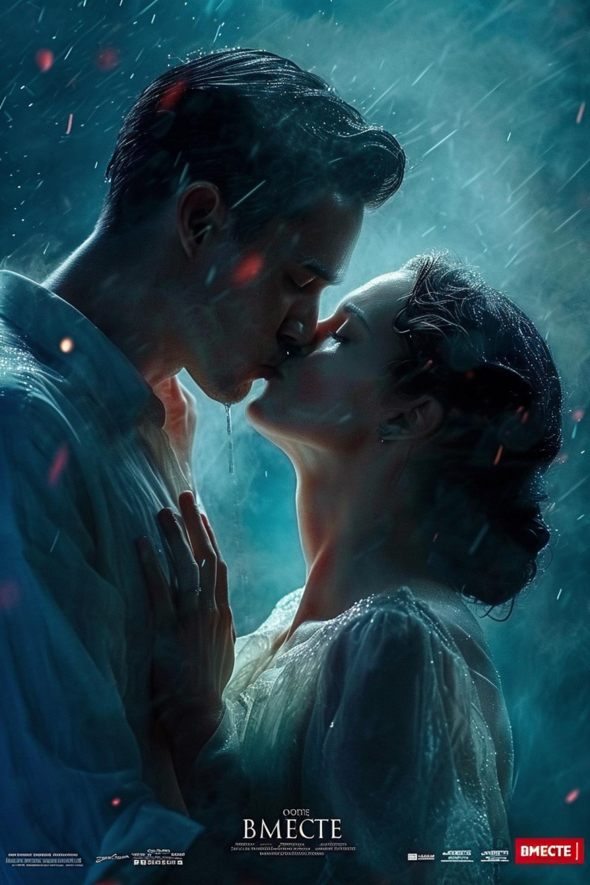 Movie poster \"BMECTE\" Couple kissing and touching desireful tender touches
