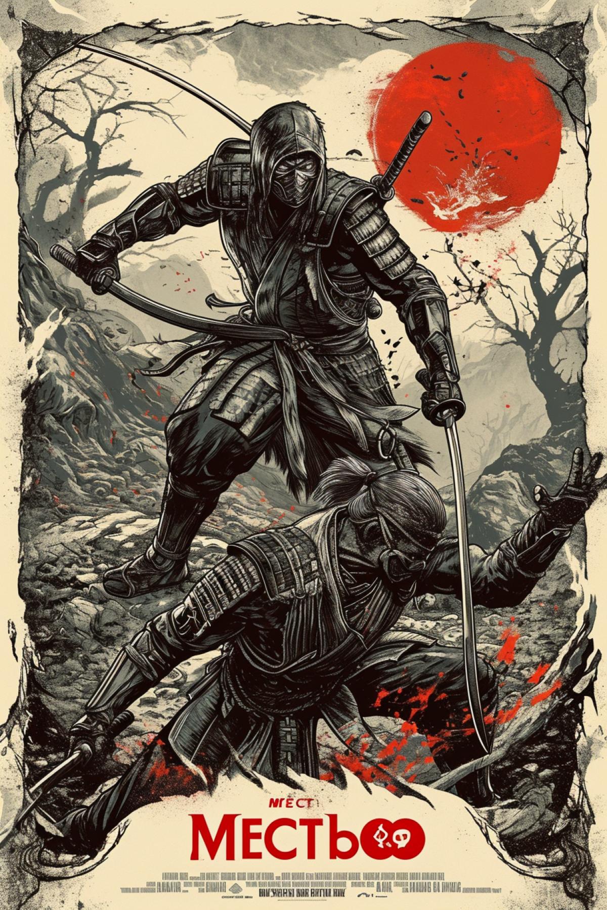 Two samurais mortal kombat action movie poster \"MECTb\"