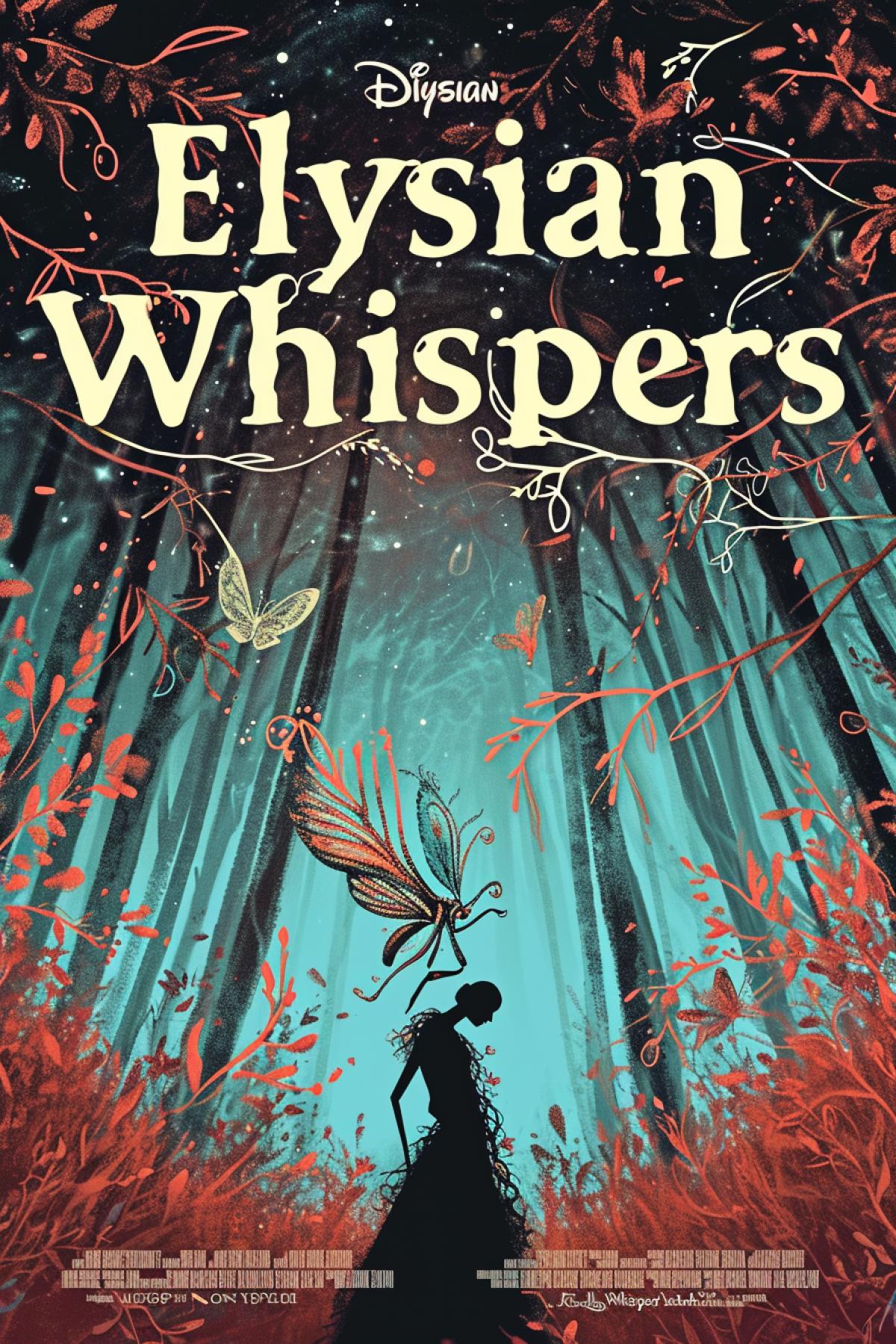 Surreal fantasy film poster: An otherworldly forest, where iridescent flora illuminates a moonlit clearing. A mythical creature, ethereal and majestic, emerges from the vibrant foliage, surrounded by luminescent butterflies. The celestial sky above showcases constellations forming subtle shapes that hint at the films narrative. The title, adorned with intricate vines and ethereal glow, reads: \"Elysian Whispers.\"