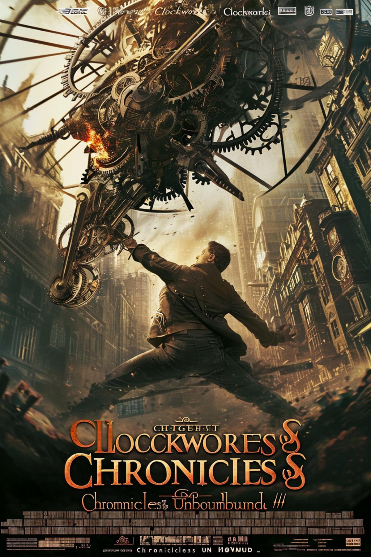 Film poster for \"Clockwork Chronicles\": In a steampunk metropolis, towering gears and cogs form the backdrop for a dynamic scene. A charismatic adventurer, grappling with an ornate mechanical beast mid-air, epitomizes the films action. The citys smoggy atmosphere blends with warm industrial tones, emphasizing the tension. The films title, a fusion of mechanical precision and adventurous flair, proudly declares: \"Chronicles Unbound.\"