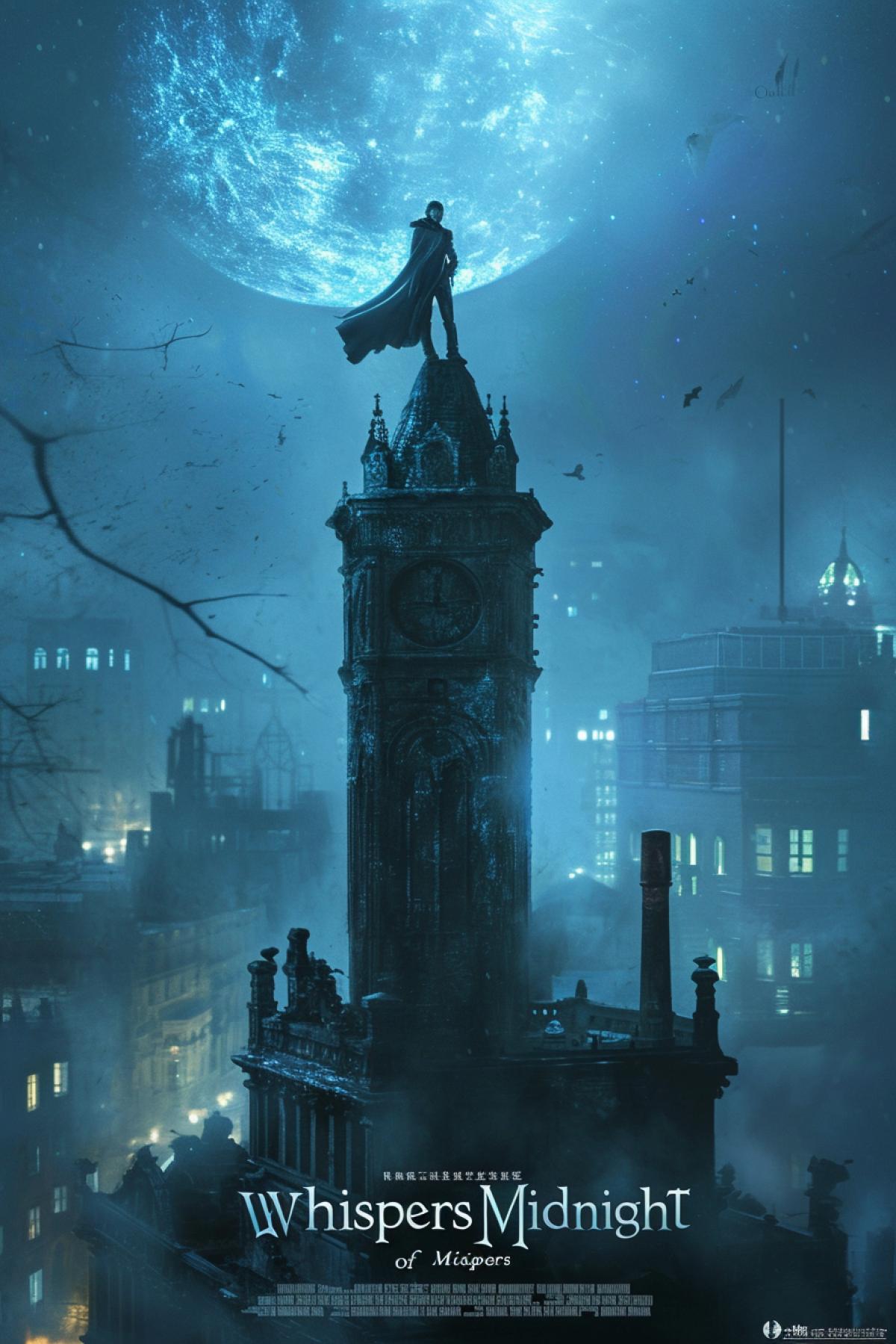 A haunting film poster: A solitary figure, draped in shadows, stands atop a decaying clock tower, bathed in an eerie blue moonlight. Wisps of fog coil around the tower, hinting at a mysterious presence. The skyline, a surreal mix of gothic and futuristic elements, frames the brooding protagonist. The title font, a blend of jagged edges and flowing curves, whispers the films enigmatic name: \"Whispers of Midnight.\"
