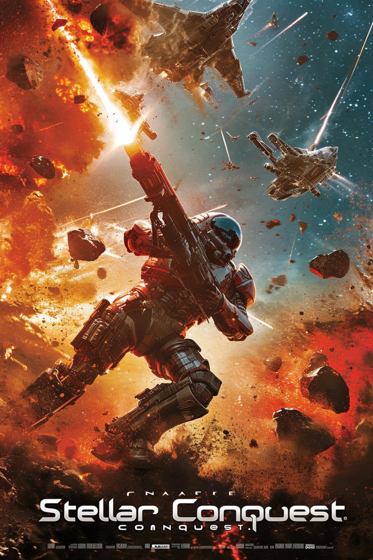Epic blocker poster: A colossal intergalactic battlefield, where spaceships clash amidst exploding stars and swirling cosmic dust. A heroic figure in advanced armor, wielding a blazing energy weapon, commands attention at the forefront. The films title, a fusion of metallic and cosmic textures, gleams boldly across the vast expanse: \"Stellar Conquest.\"
