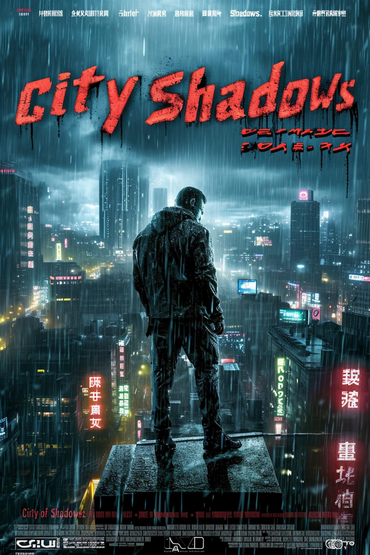 Dystopian thriller film poster: In a rain-soaked, neon-lit metropolis, a brooding anti-hero stands on the edge of a skyscraper, overlooking a city in turmoil. Massive holographic screens project ominous messages, hinting at a looming catastrophe. The films title, etched in gritty, dystopian font, ominously reads: \"City of Shadows.\"