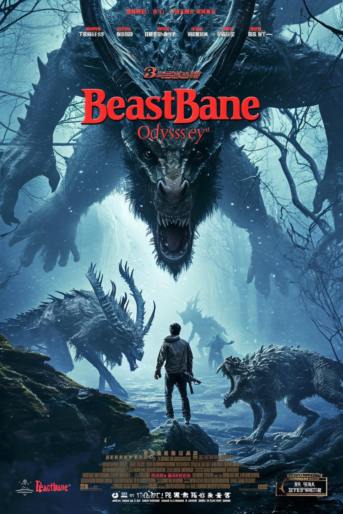 Monstrous adventure film poster: A hidden island shrouded in mist, home to colossal mythical creatures. A courageous group of explorers confronts towering beasts, showcasing a blend of fear and determination. The films title, adorned with claw marks and ancient runes, roars boldly above the chaotic scene: \"Beastbane Odyssey.\"