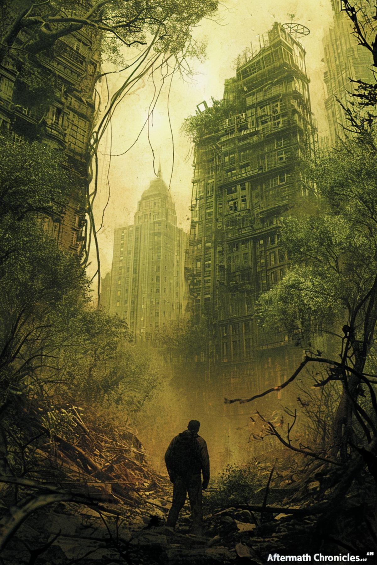 Apocalyptic blocker poster: A desolate landscape, ravaged by natures wrath, with crumbling skyscrapers entwined by vines and engulfed in post-apocalyptic hues. A lone figure, clad in makeshift survival gear, gazes into the ominous horizon. The films title, scrawled with a blend of rugged textures, defiantly declares: \"Aftermath Chronicles.\"