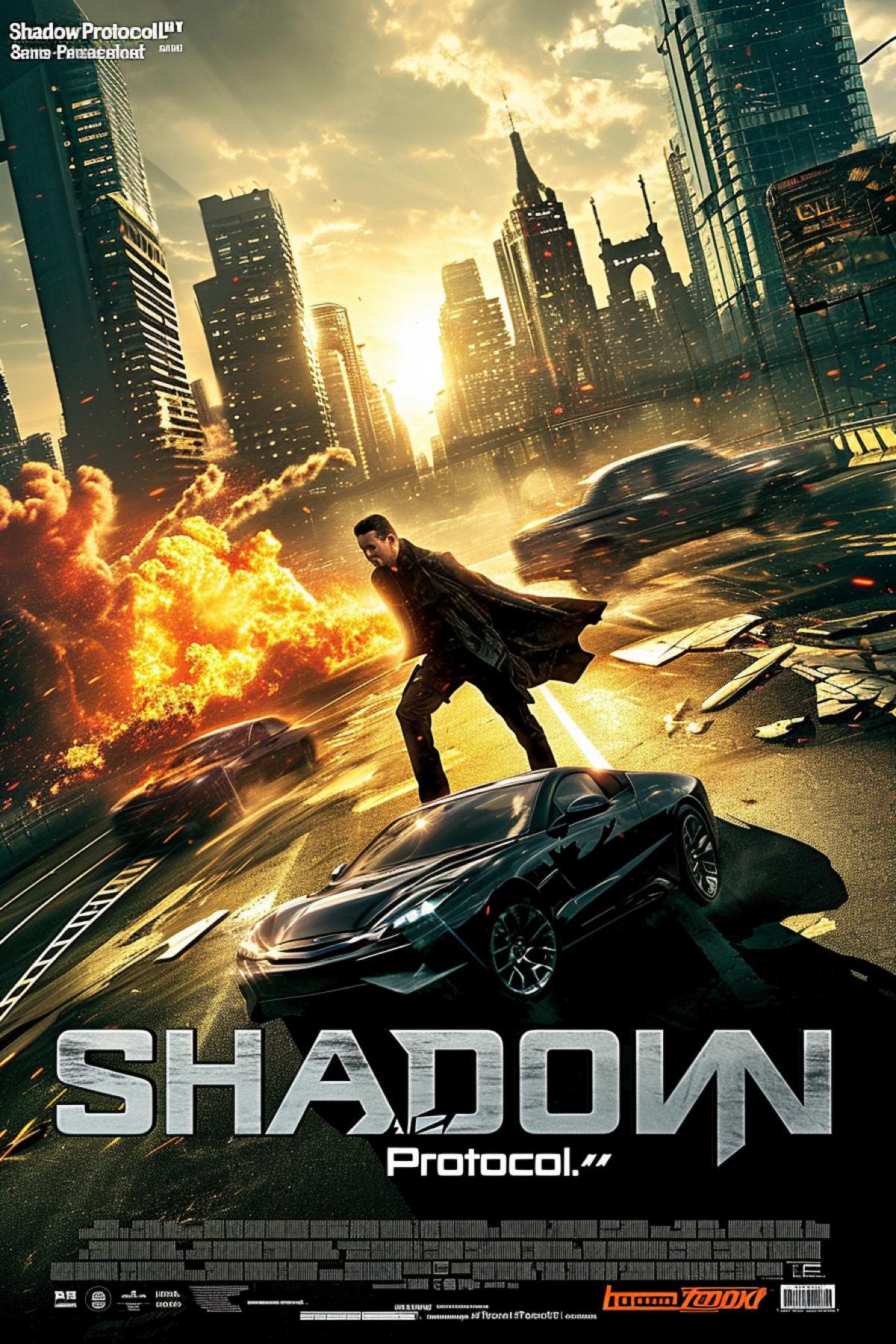 High-octane espionage film poster: A sleek metropolis skyline, bathed in the glow of a setting sun, serves as the backdrop for a secret agent in a dynamic 4k. Explosions and sleek vehicles in the foreground hint at intense action sequences. The films title, a mix of sharp angles and metallic sheen, shines boldly: \"Shadow Protocol.\"