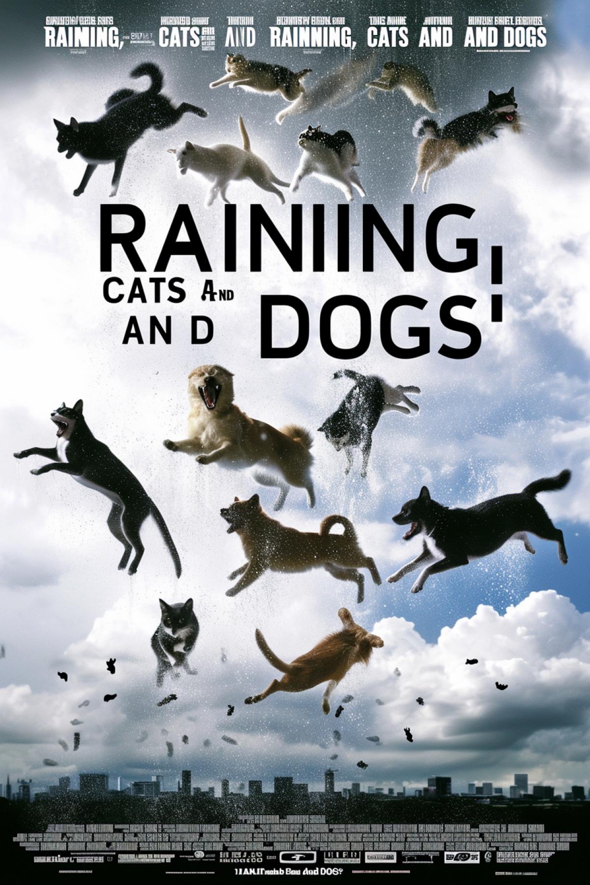 Motion picture poster cats and dogs falling down from cloudy skies the title \"RAINING\" \"CATS AND DOGS\"