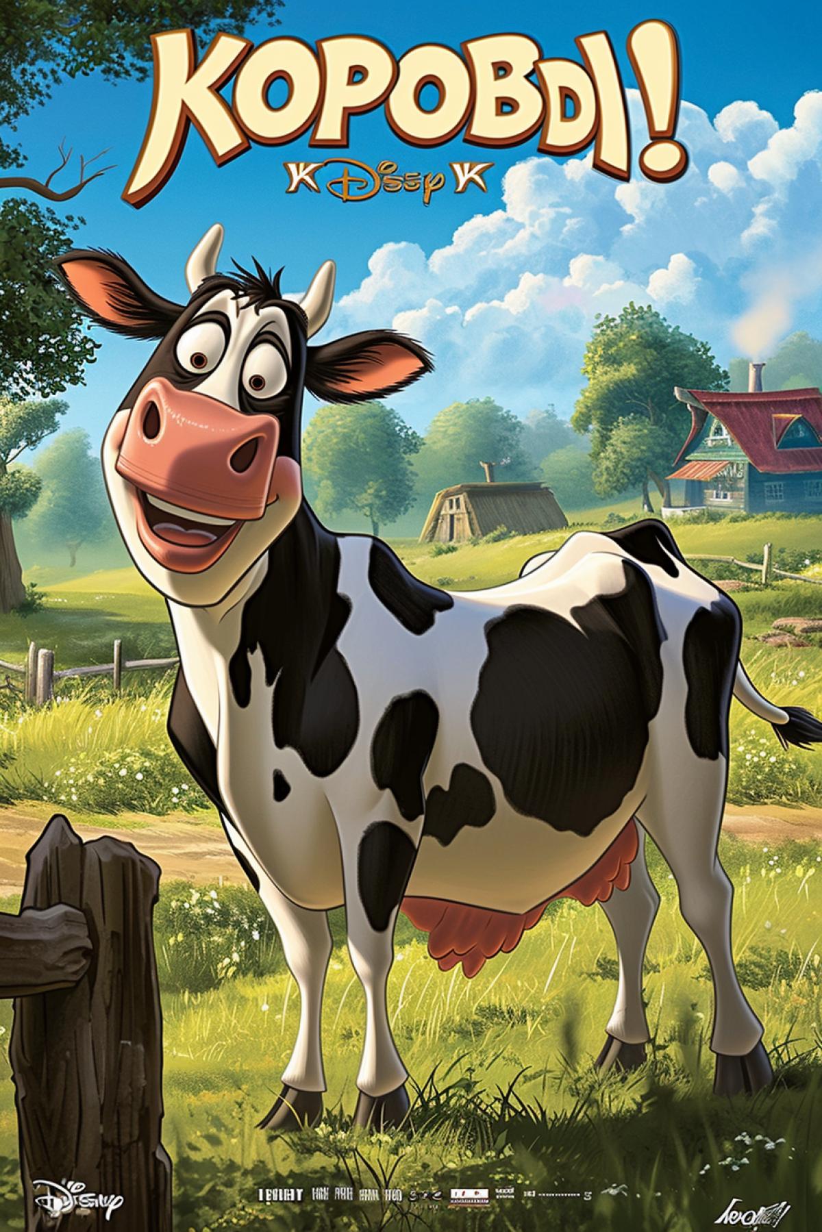 Cows in meadow Disney cartoon poster picture title in big letters \"KOPOBbl\"