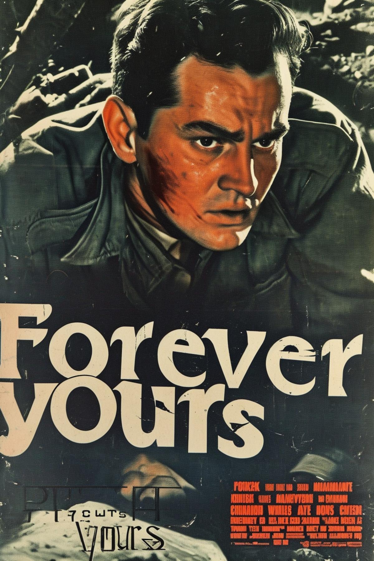 Poster of soviet motion picture about second world war picturing ed dying soldier in mess of mortal combat against germans general view the title of the film in dark letters \"Forever yours\"