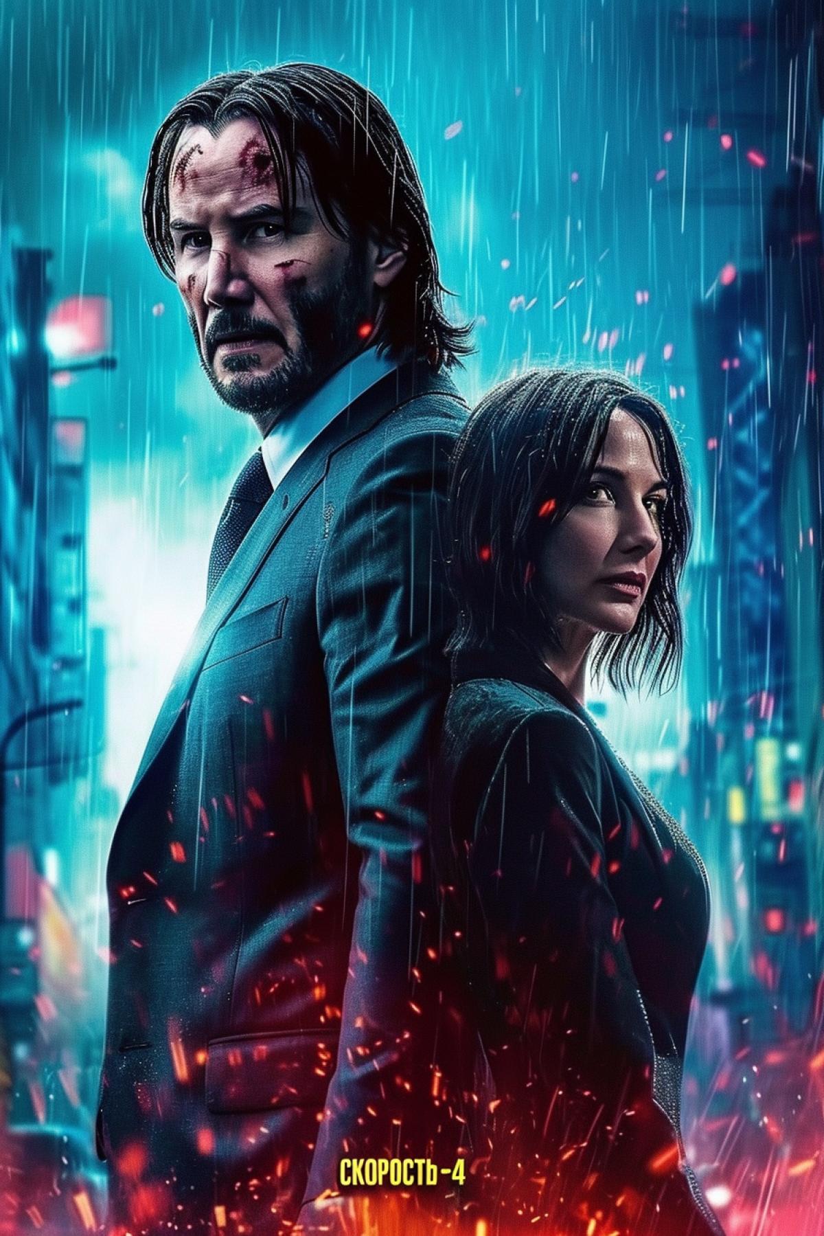 New motion picture poster Keanu reeves and Sandra bullock title \"CKOPOCTb-4\"