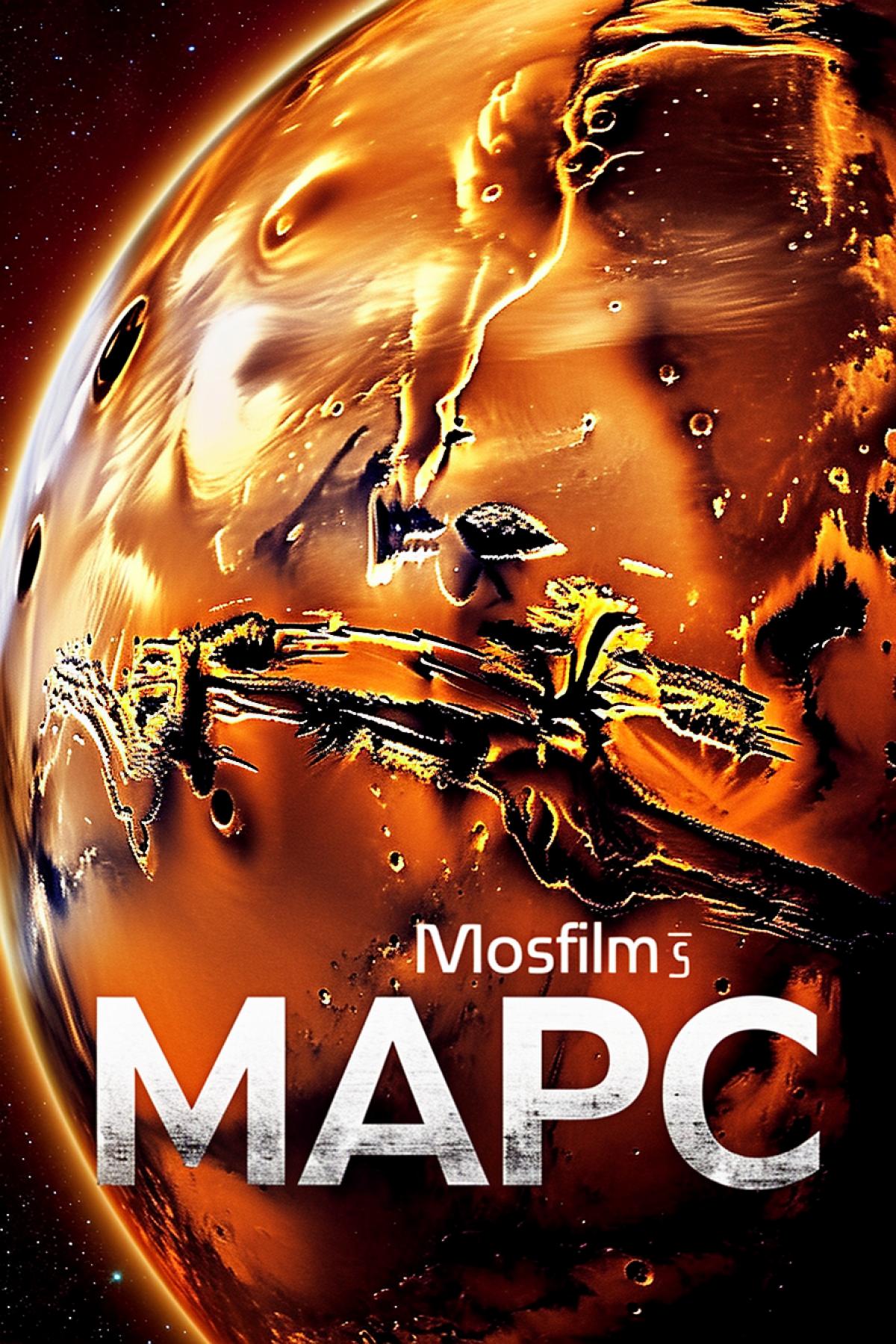 poster for the film of the film company \"Mosfilm\", a beautiful image of the planet Mars, at the bottom it says \"MAPC\" in large letters