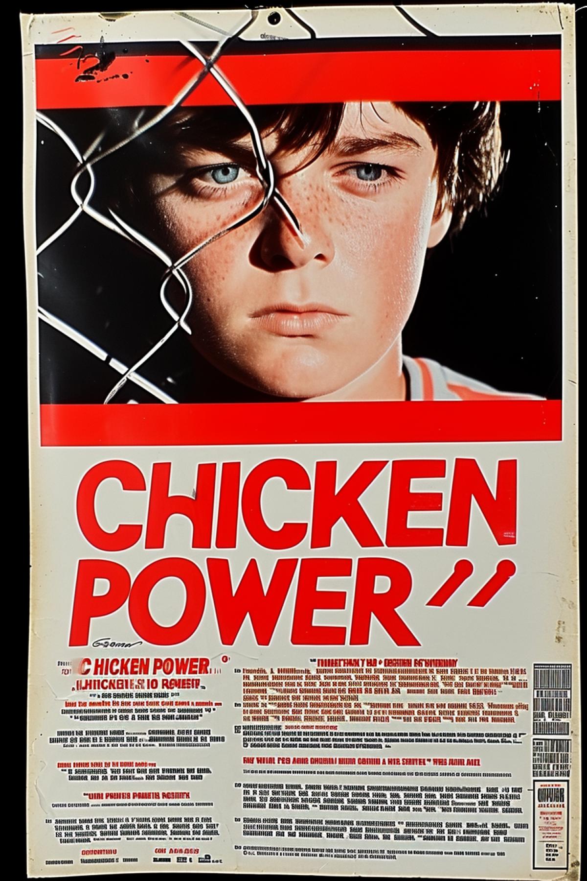 Movie poster with Rowan Atkinson in the chicken coop, comedy \"CHICKEN POWER\"