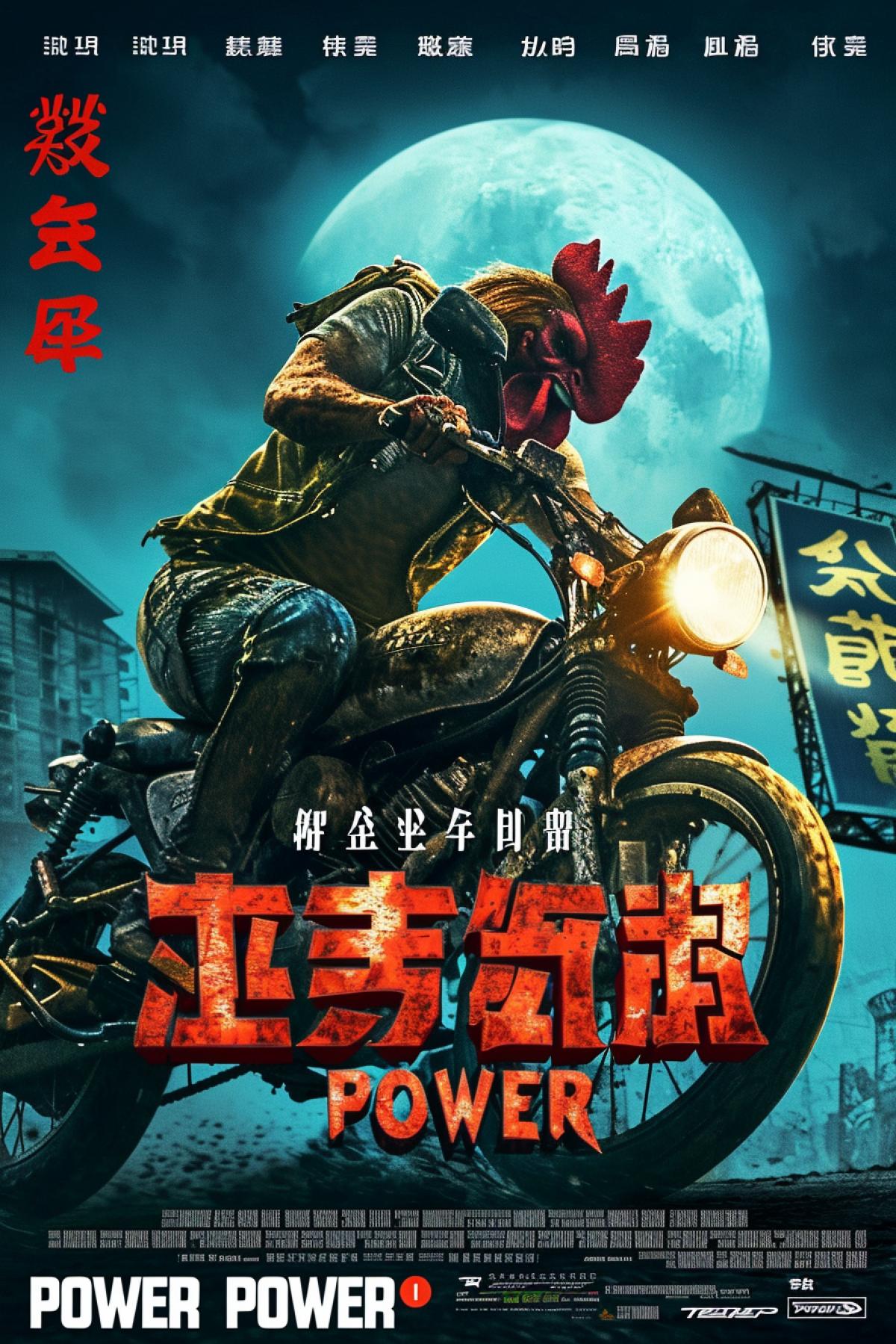 Muscular rooster rides a motorcycle, night city, big moon, motion picture poster \"PETUH POWER\"