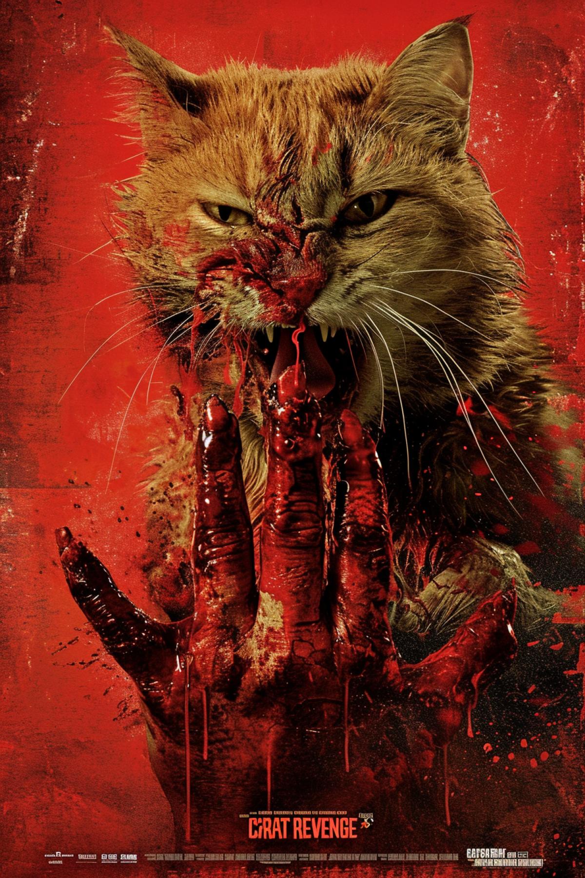 Red Cat eating human hand, horror movie poster \"CASTRAT REVENGE\"