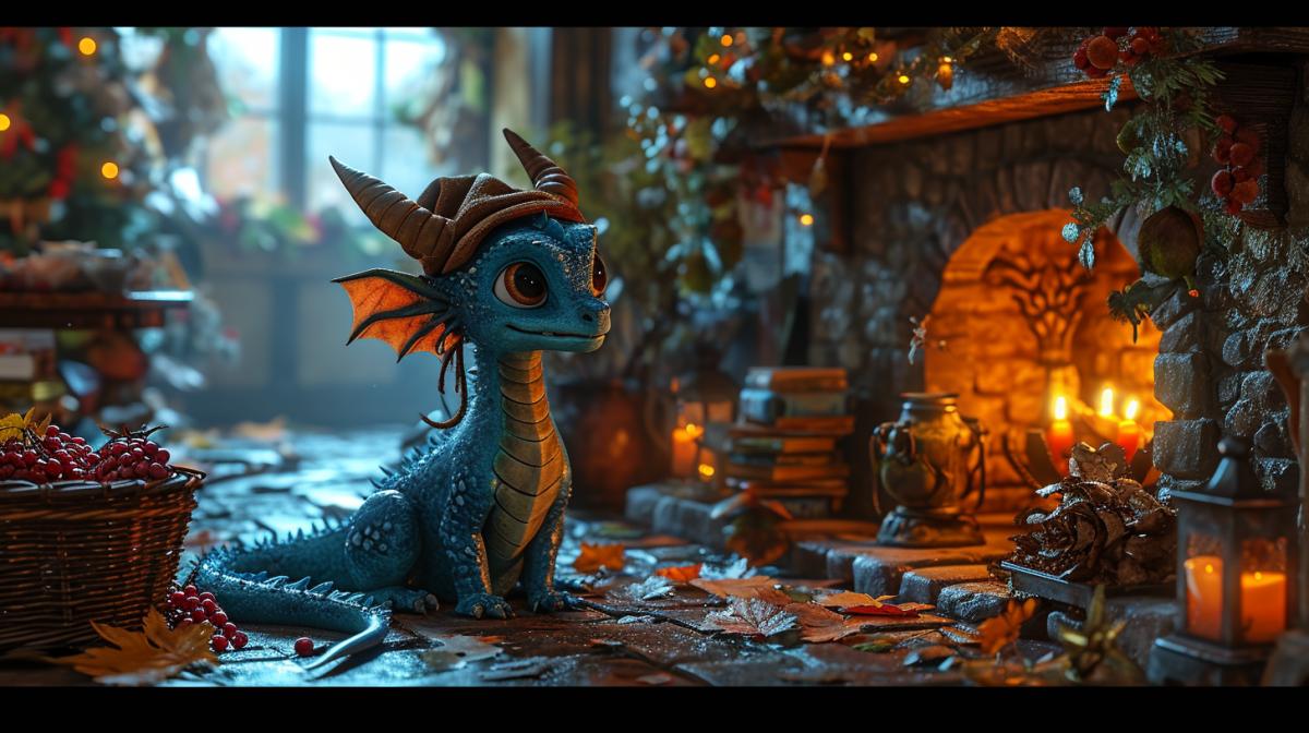 drawn cartoon cute 3d dragon in a New Years cap, next to there is a basket of grapes, in the background there is a house interior, a fireplace and a decorated Christmas tree