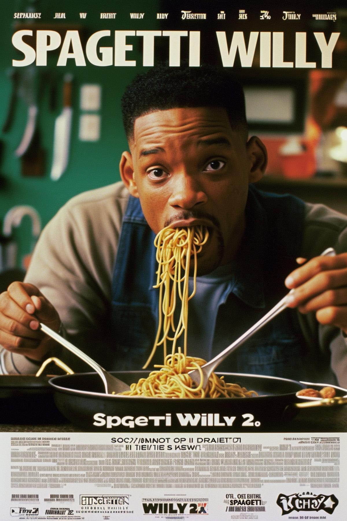 Will Smith eats spaghetti comedy movie poster \"SPAGETTI WILLY 2\"