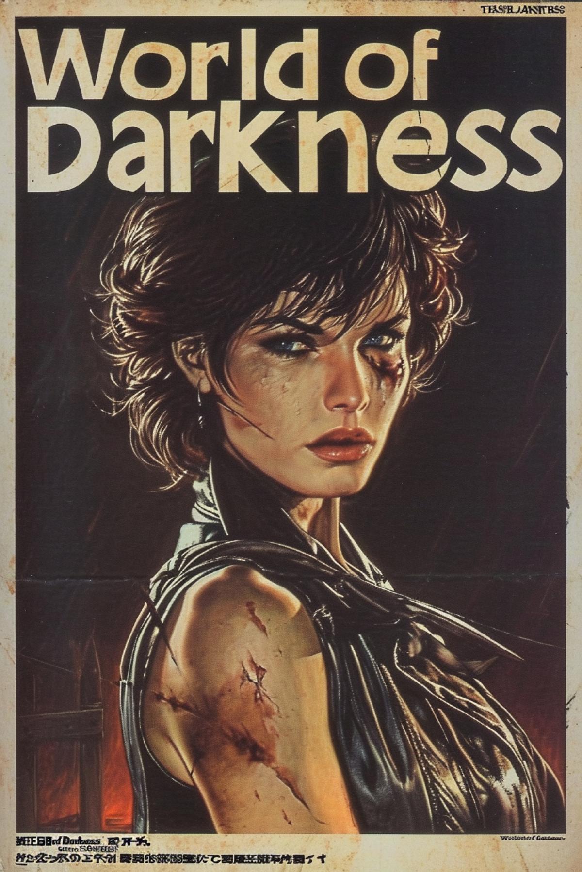 Poster for anime, on the poster the name in large letters \"World of Darkness\" in a gothic style, on the poster there is a woman vampire hunter, dressed in leather travel clothes, dark short hair, a scar on her face, dark fantasy, the Middle Ages, anime drawing of the 90s