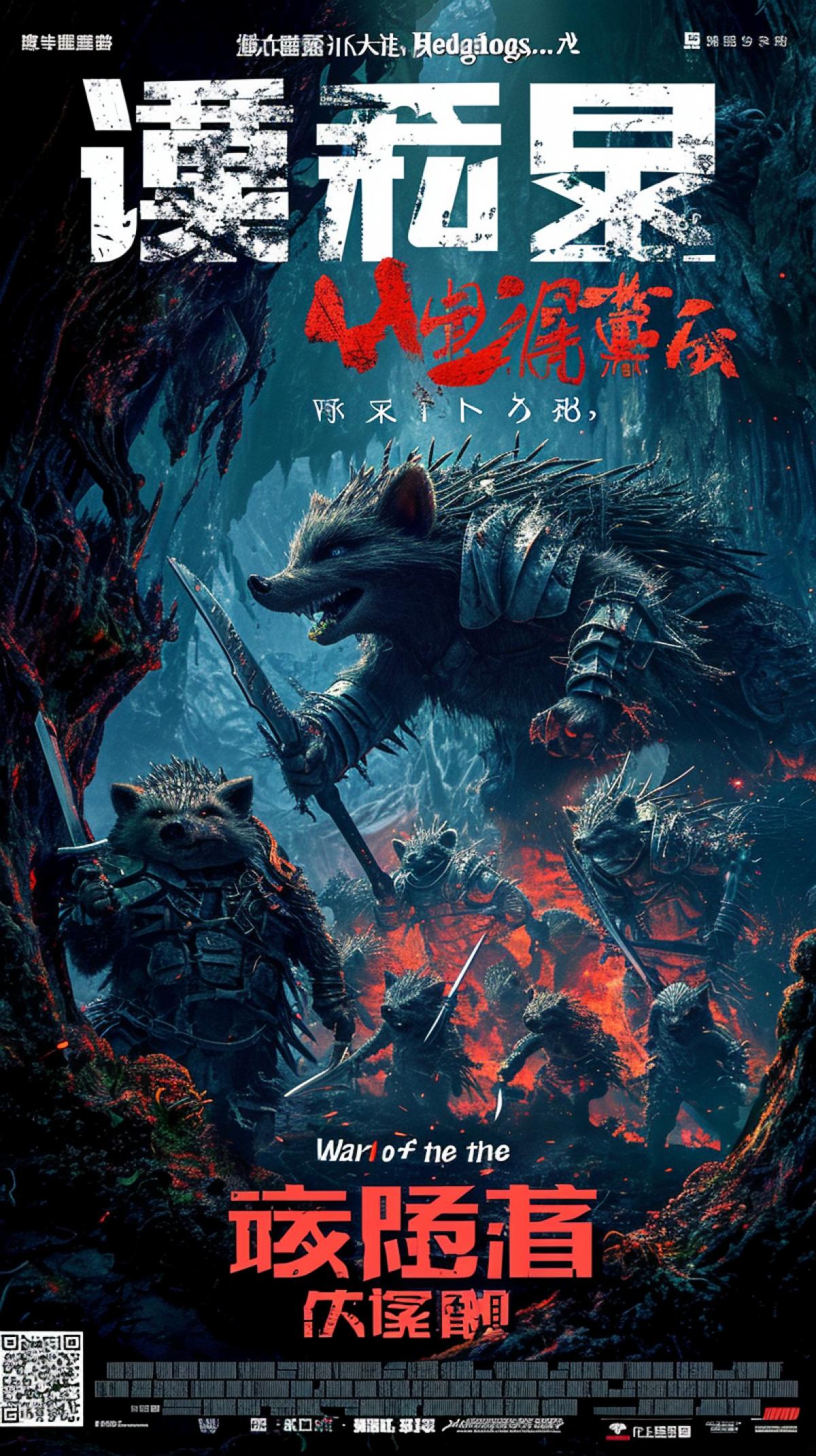 A high-octane dark fantasy film poster: red liquid Battlefield, bathed in the glow of the setting sun, serves as the backdrop for two armies of chubby forest not anthropomorchick hedgehogs in warlike 4ks. Forest plump hedgehogs in armor and wielding swords in the foreground hint at intense action. The films title, a mixture of sharp angles and metallic sheen, shines boldly: \"War of the Hedgehogs.\", Not a sonic
