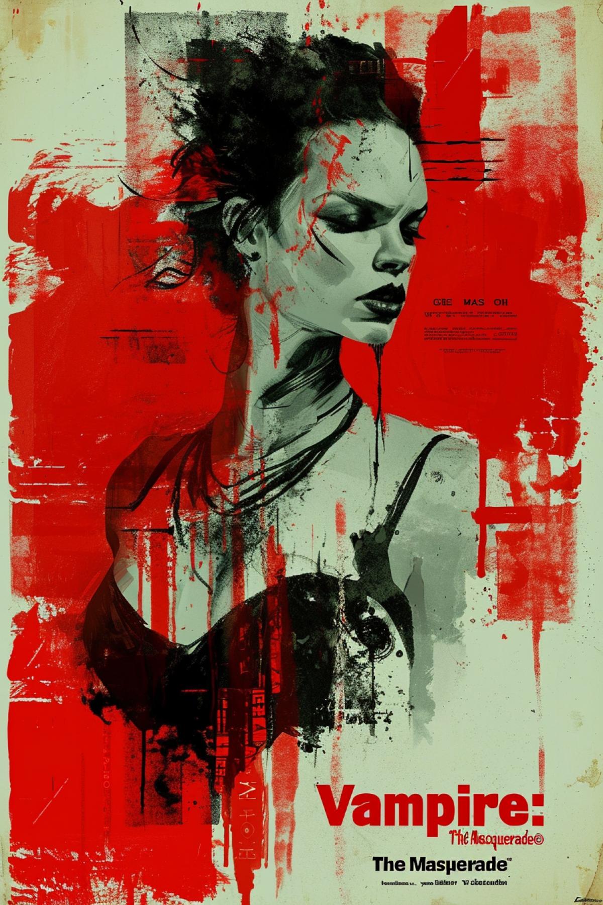 Movie poster, Vampire: The Masquerade red liquidlines, female malkavian, Gothic Noir, caption at the bottom of the poster \"Vampire: The Masquerade\"