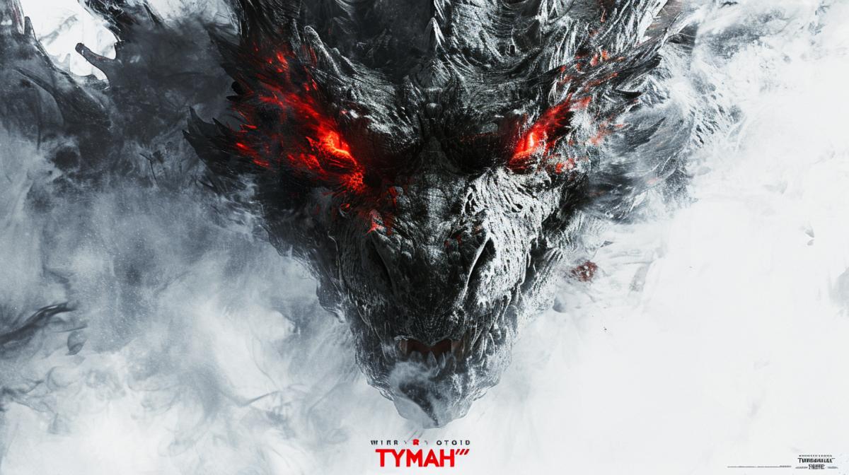 Movie poster, the poster has the title \"TYMAH\" in a fantasy style in red, the poster shows the face of a creepy dragon with shades of gray and red, fog, silver haze, dark and white drawing, haze, stylization, white background, isolated image