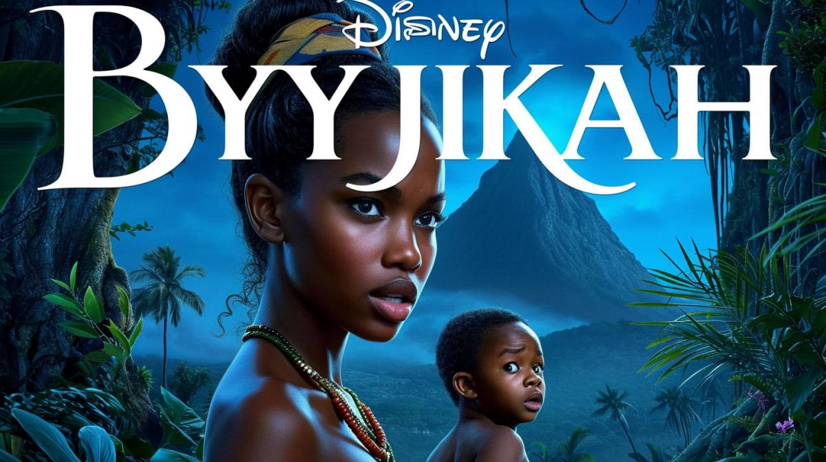 Movie poster, the title \"BYJIKAH\" in ethnic style in large letters, the poster depicts a frightened African woman with very dark skin, in an ethnic traditional costume, holding the hand of a small frightened dark child, against the backdrop of an erupting volcano, bright colors, tropical plants, high quality, good detail, movie output