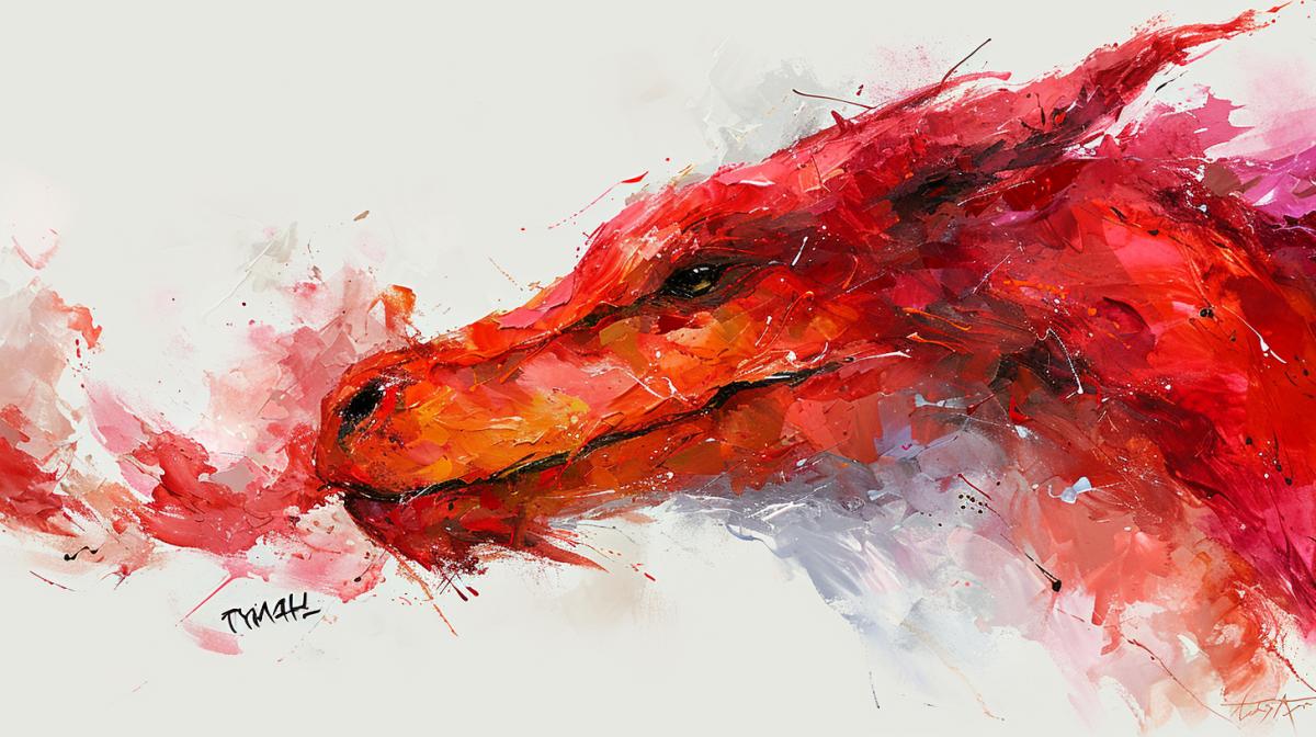 Movie poster, on the poster the name \"TYMAH\" in large letters in a fantasy style in red, on the poster is drawn the face of a creepy dragon with shades of gray and red, fog, silver haze, dark and white drawing, haze, stylization, white background, isolated image