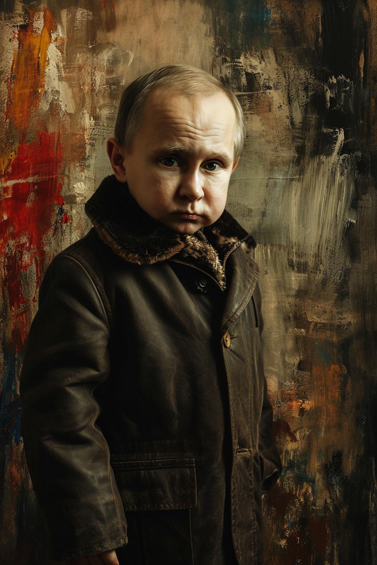 baby version of Vladimir Putin, amazing background, cinematic