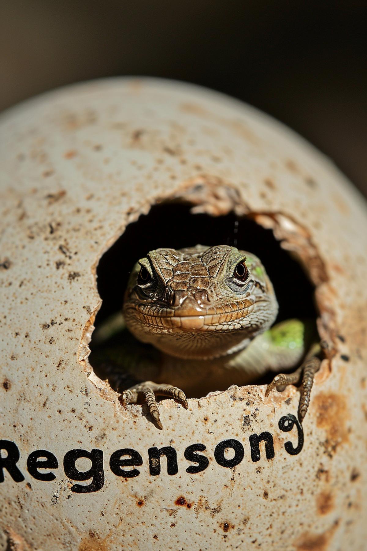 Tiny little baby green lizard within its egg inscription \"Regenson\" upon the egg