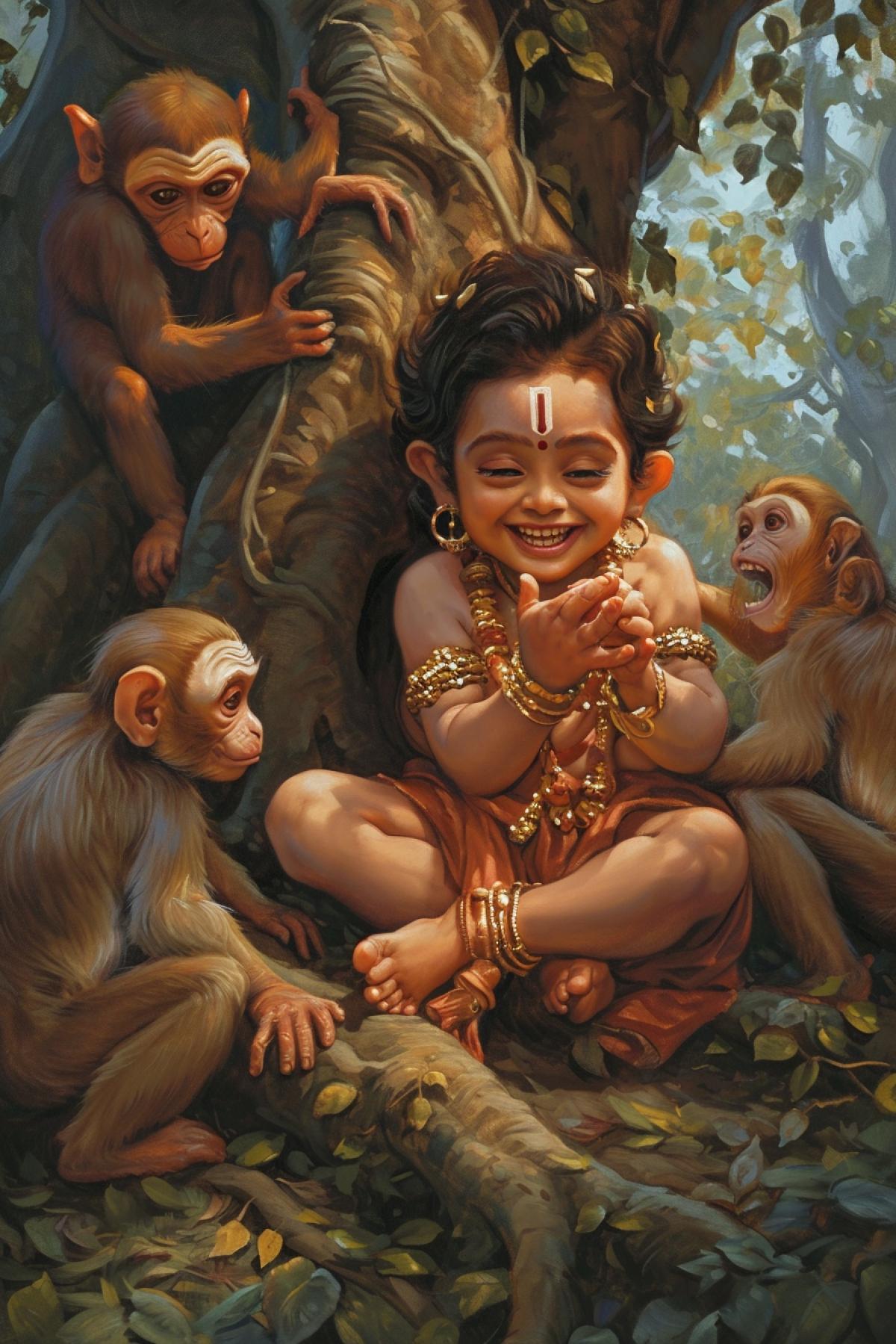 baby lord Hanuman playing with monkeys under the tree, smiling