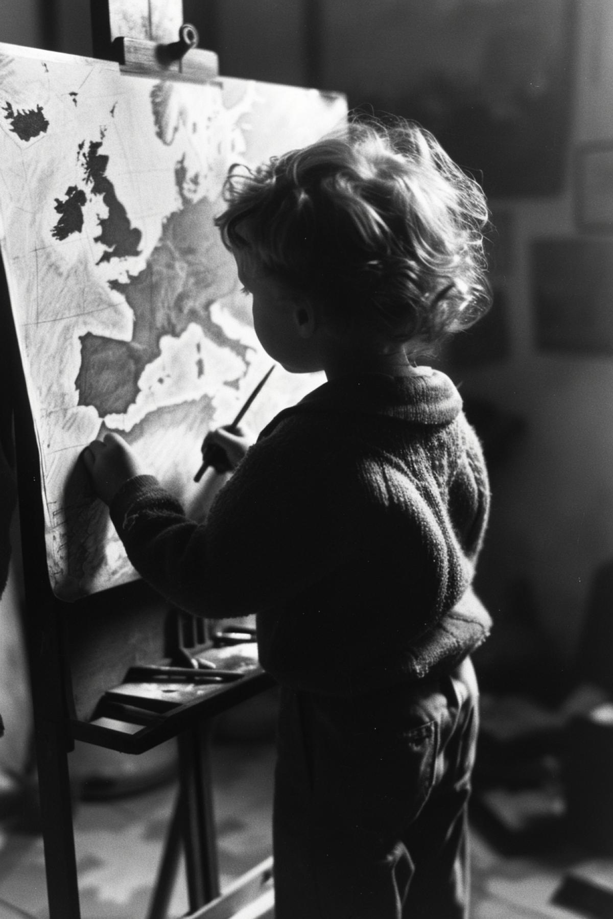 Austrian child artist from behind, standing near an easel, holding a brush, drawing a map of Europe, high detail, good quality, atmosphere of hopelessness, 1940