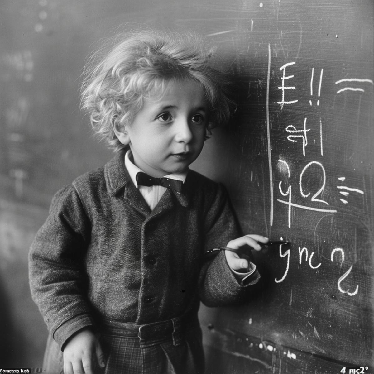 Albert Einstein at three years old writes a formula on the board \"E = mc2\"