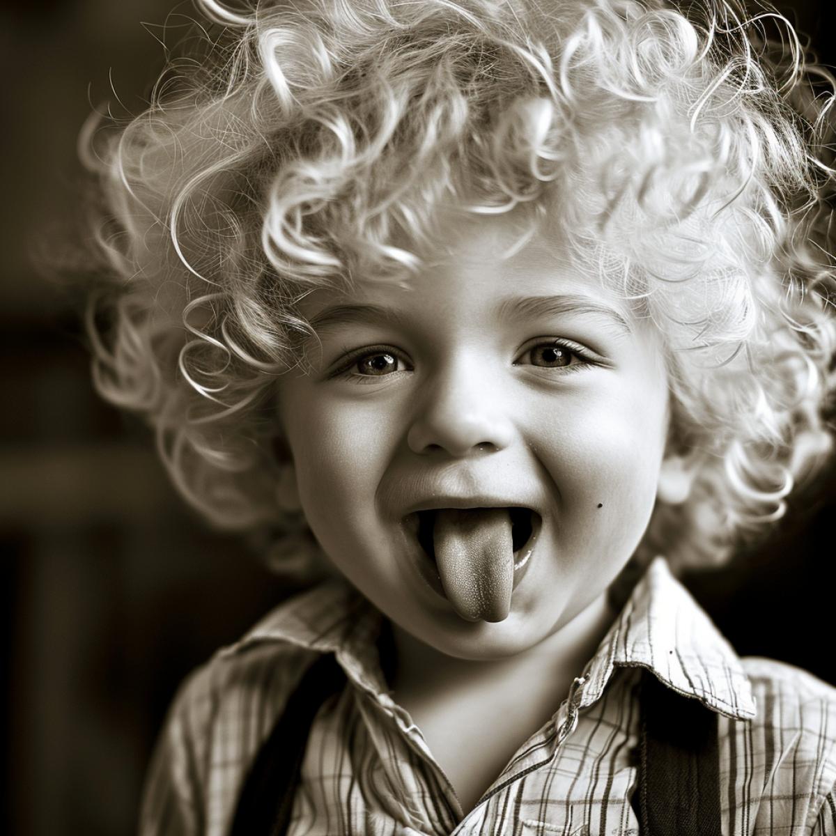Close-up of a three-year-old boy with white curly hair showing his tongue, looking like Albert Einstein, serpia