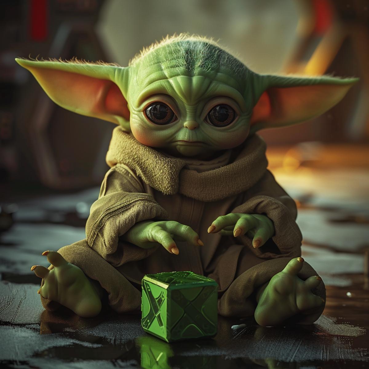 Baby Yoda plays with cubes, Star Wars, cute, photorealistic, highly detailed
