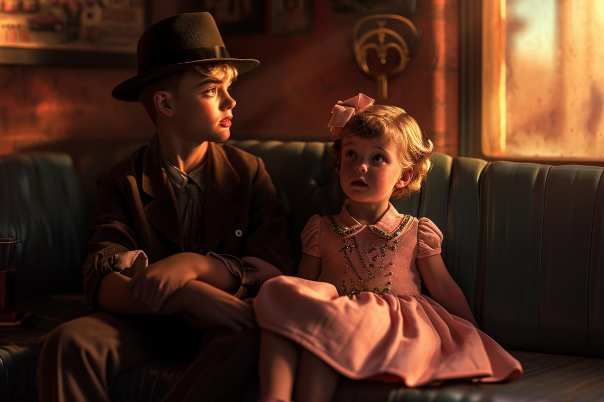 toddler Cillian Murphy as Oppenheimer in hat and toddler Margot Robbie as Barbie in a pink dress sitting on the sofa, movie poster, cinematic Light, Soft illumination, ultra realistic, hyper details, 8k