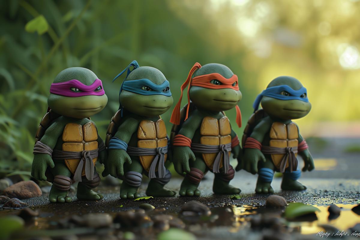 toddler Mutant Ninja Turtles, cute, octane render, photorealistic, highly detailed
