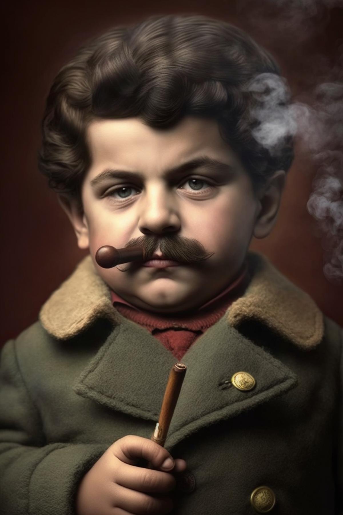 Toddler Stalin with a smoking pipe, cute, photorealistic