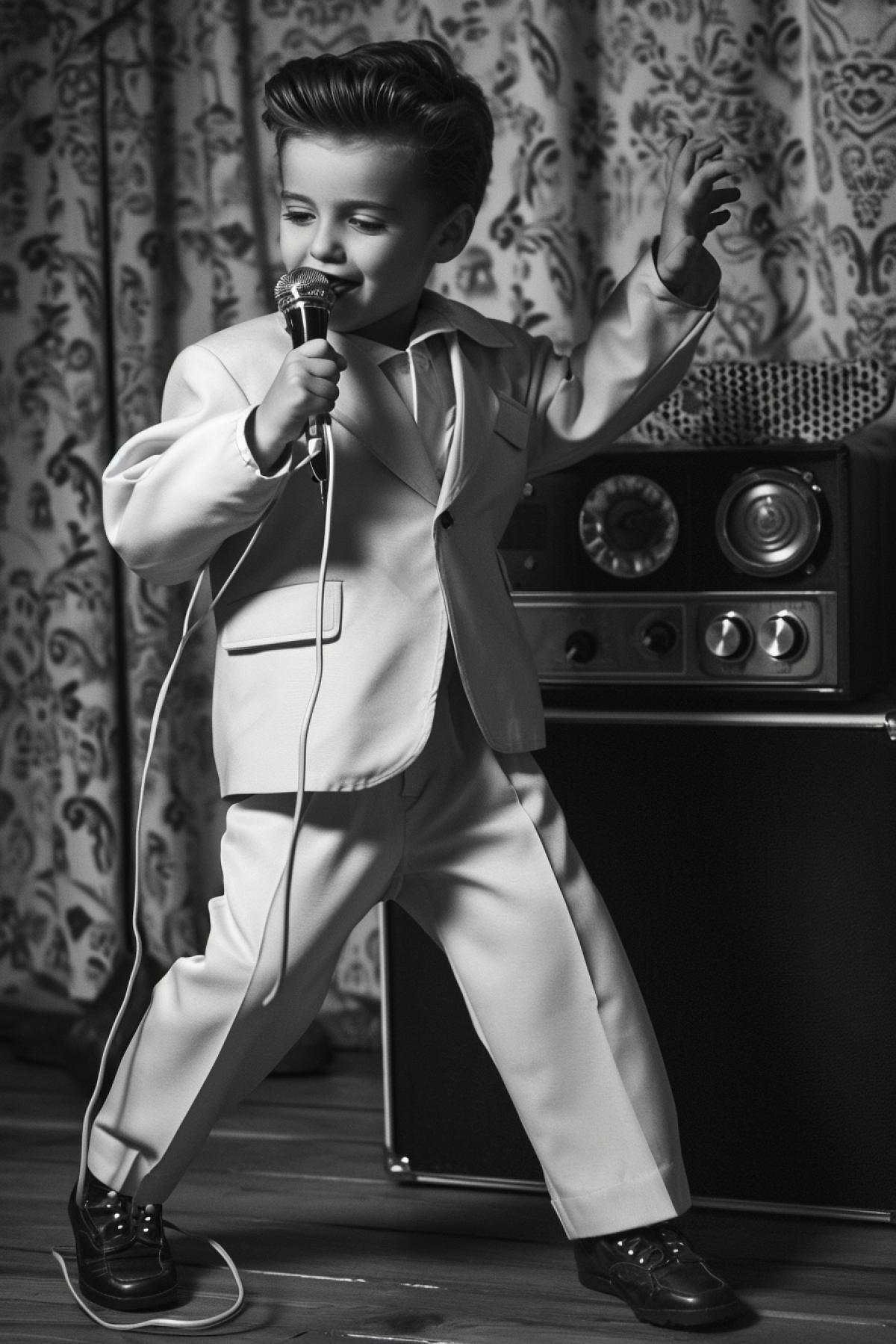 Little boy Elvis Presley dancing rock-n-roll with microphone to the radio on the wall