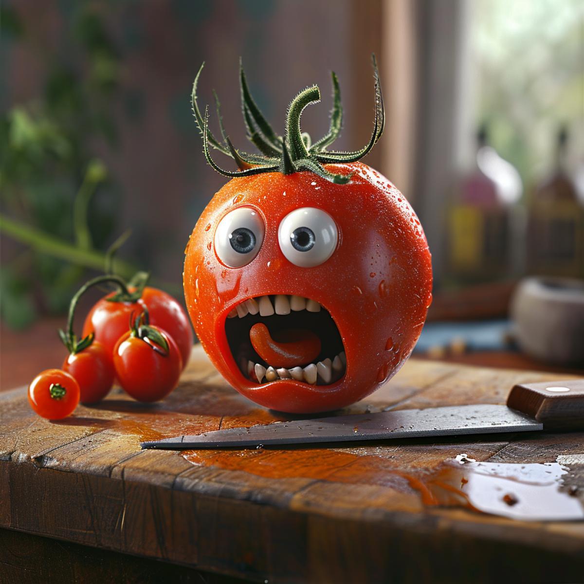 Screaming surprised tomato with big eyes, on the board looking at the knife