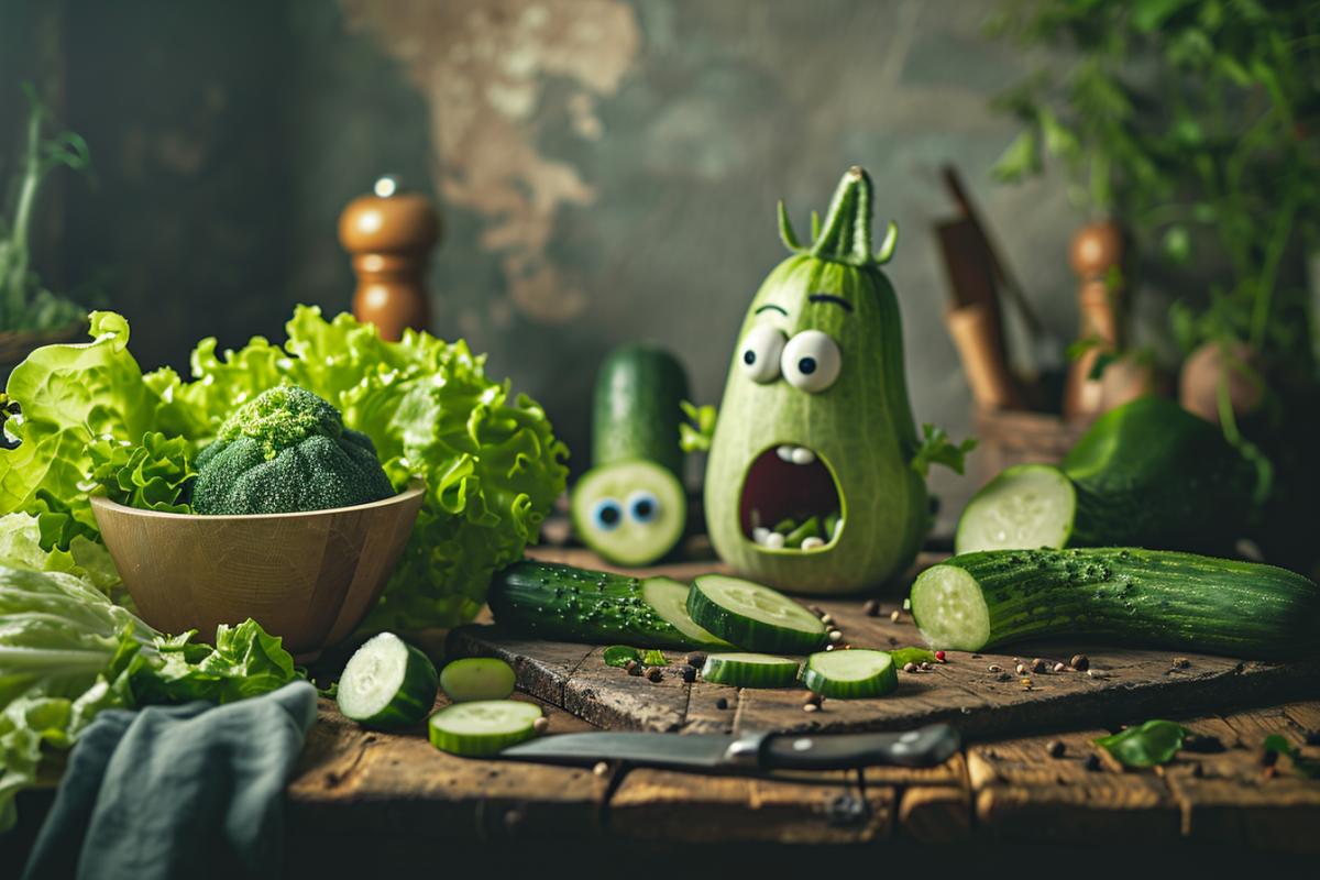 Screaming surprised vegetables with big eyes, on the board, next to a bowl of lettuce, looking fearfully at the knife