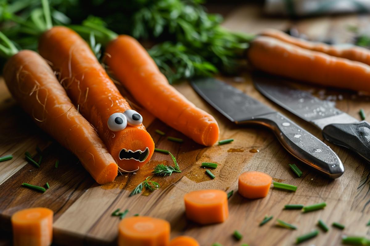 Half Sliced knife shouting carrots with big eyes on the board