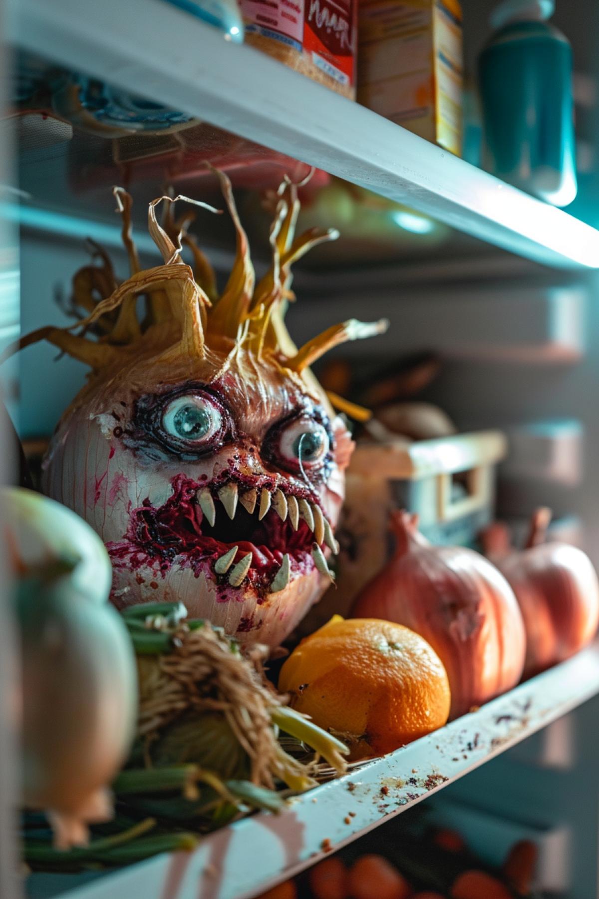 A moldy onion in the refrigerator with big eyes and a distorted mouth, with other foods on the shelves