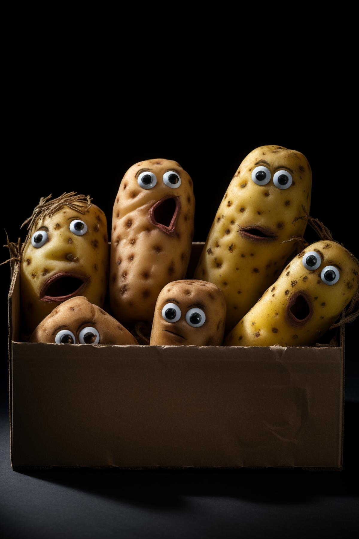 Several strange alive potato characters within dark box