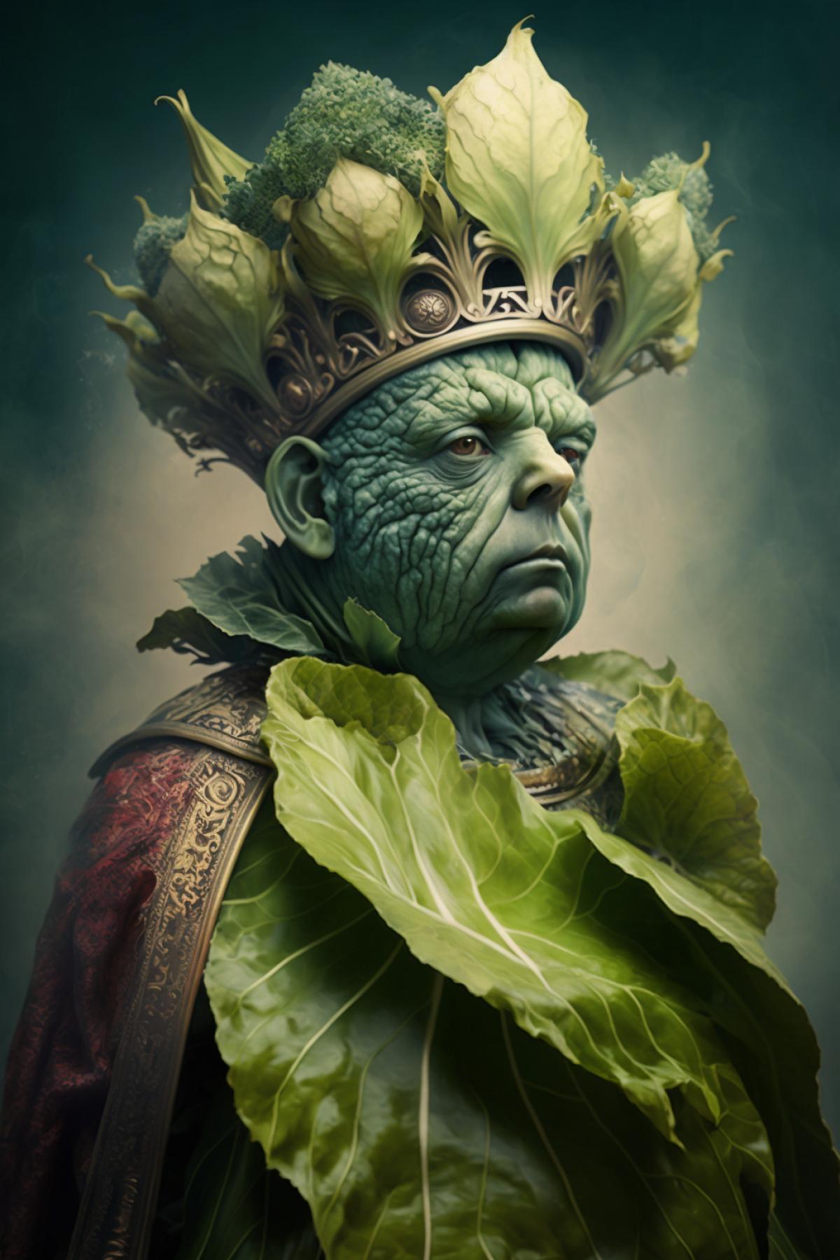 Epic cabbage king character in thinking over process authentic background realistic detailed photography