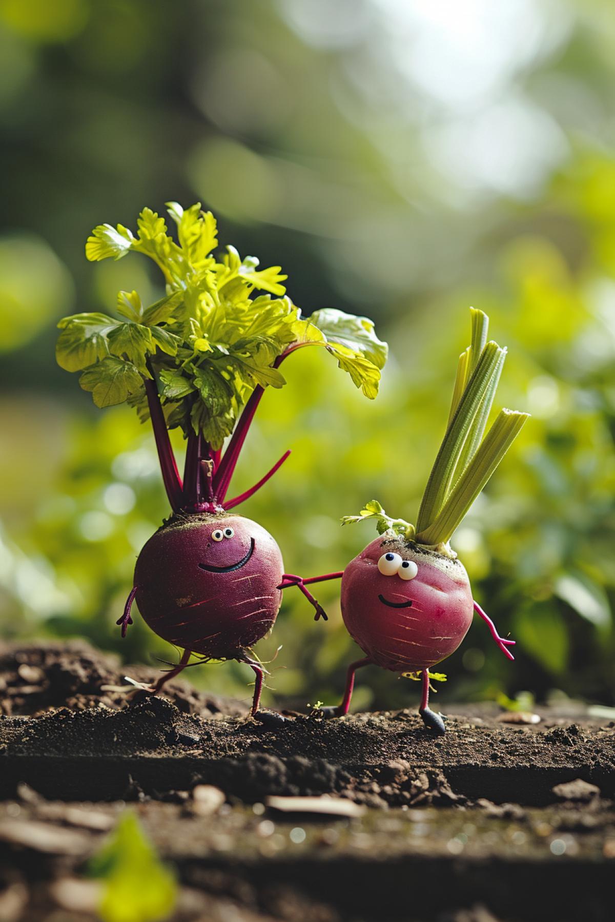 Beetroot funny character and celery funny character on walk on the authentic background realistic photography best friends mood summer garden environment looking at each other with love