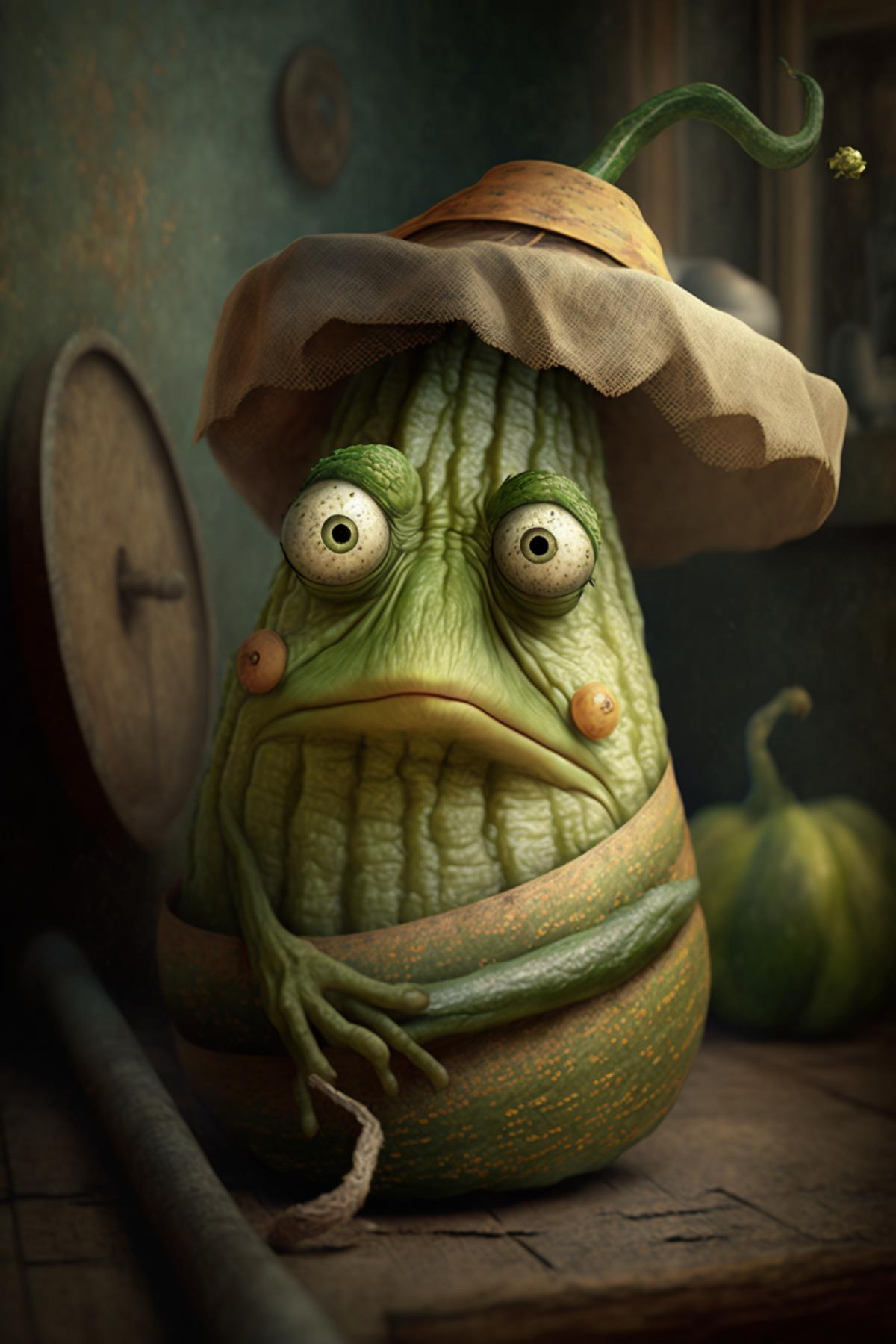 old spoiled zucchini character before the end realistic photography