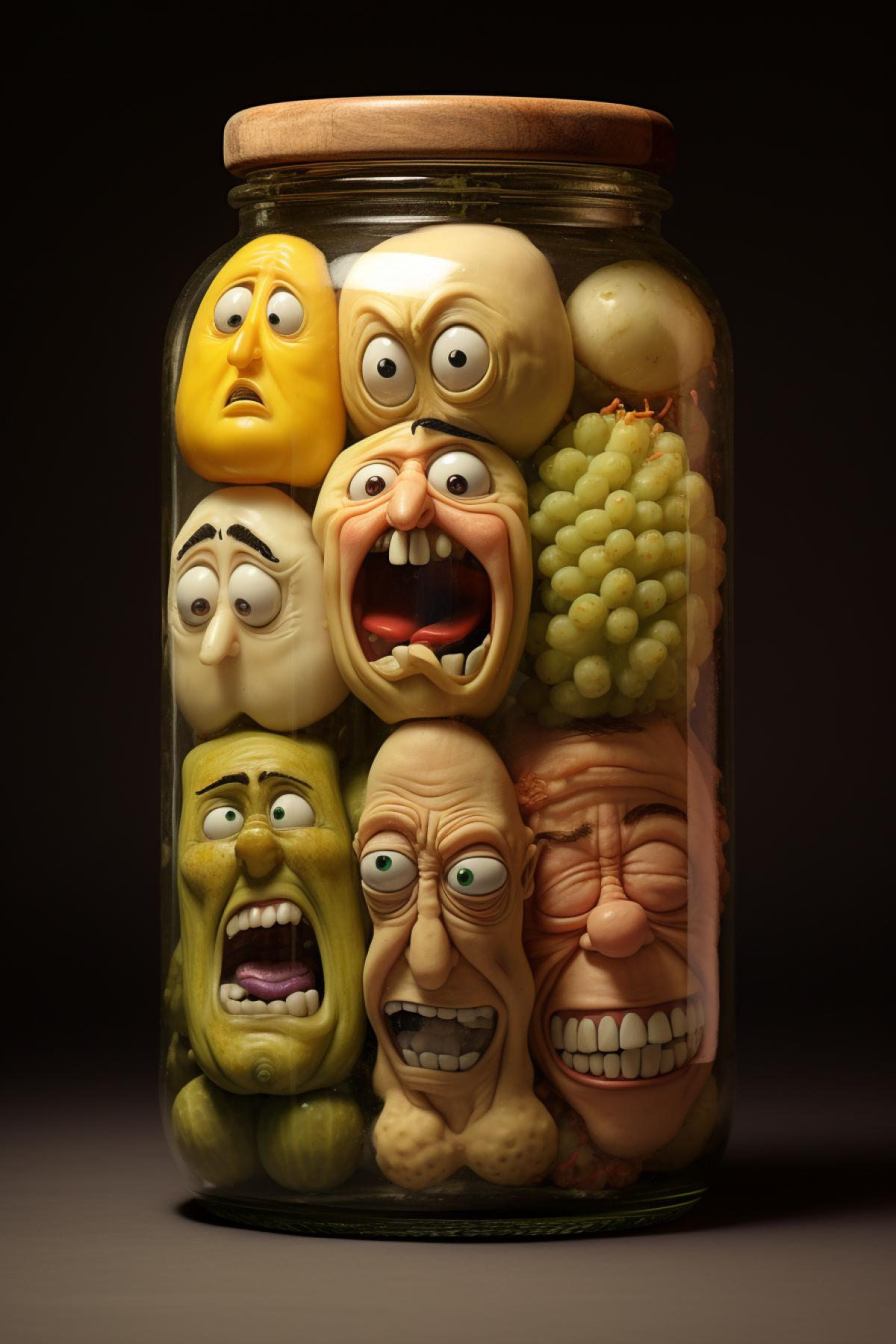 Pickled vegetable alive characters within one big jar pressed to each other puzzled faces realistic photography
