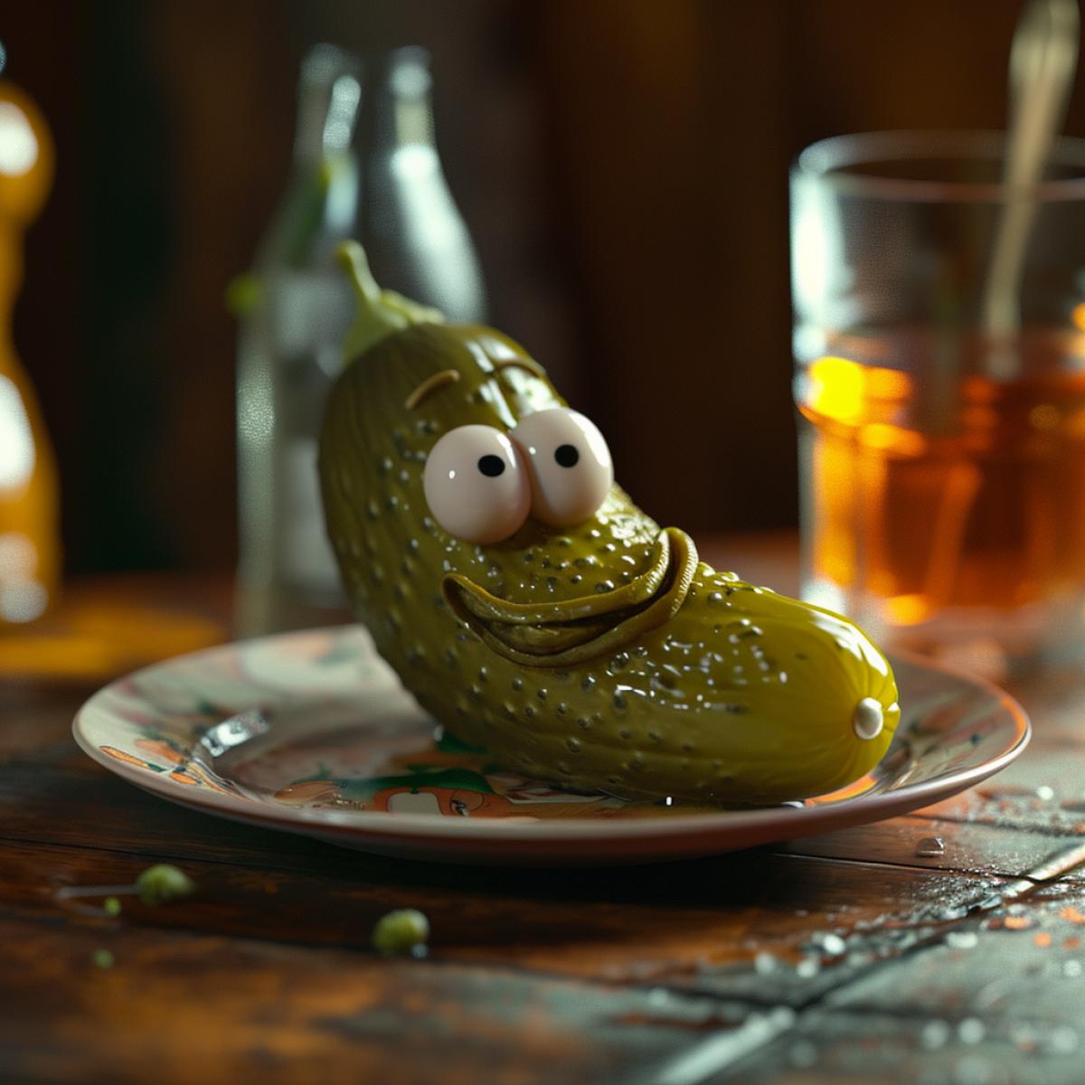 A pickle with crazy eyes and a relaxed smile on a plate with a shot of vodka