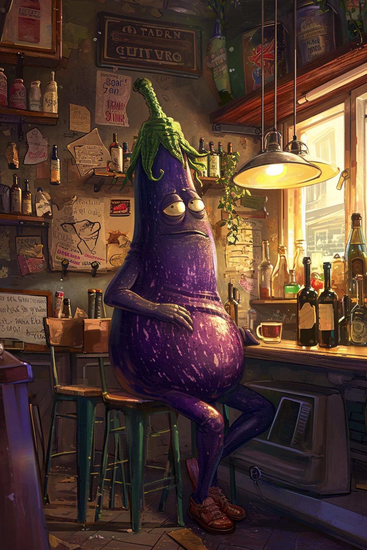 Funny cartoon eggplant like man sits in a cafe and eats a man