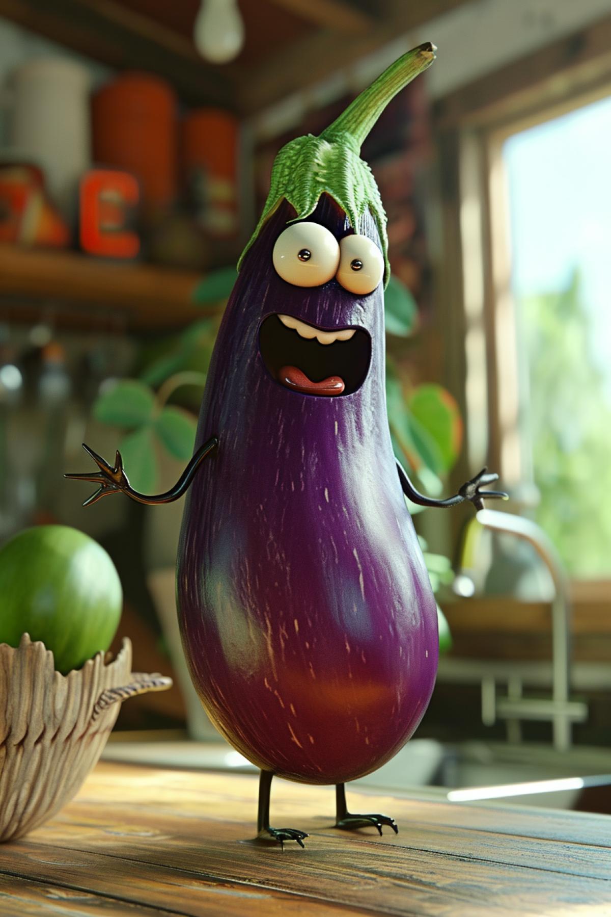 Funny cartoon eggplant like a person
